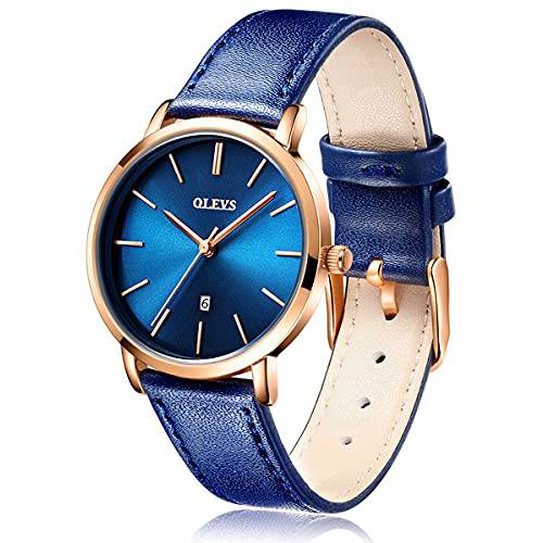 OLEVS 시계 여성용 방수 손목시계 아날로그 쿼츠 매우얇은 블루 시계 가죽 스트랩 시계 날짜 달력 시계, 선물 여성용
