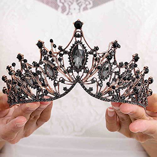 Florry Baroque Tiaras and Crowns 여성용 크리스탈 큐빅 웨딩 퀸 Crowns 할로윈 페스티벌 생일 Tiara 신부 헤어 악세사리 신부 (블랙)