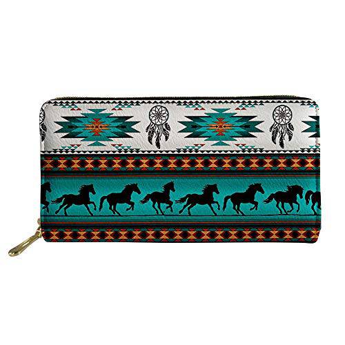 Poceacles Southwestern 아즈텍 Horse 프린트 Women’s 지갑 라지 용량, 듀러블 지퍼 클러치 지갑, PU 가죽 카드 홀더 동전 지갑