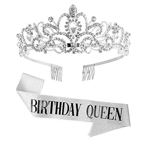 생일 Crowns 여성용,  생일 퀸 Sash&  생일 Tiara 여성용, 실버 크리스탈 Tiaras 여성용 and 걸스， 생일 걸 왕관