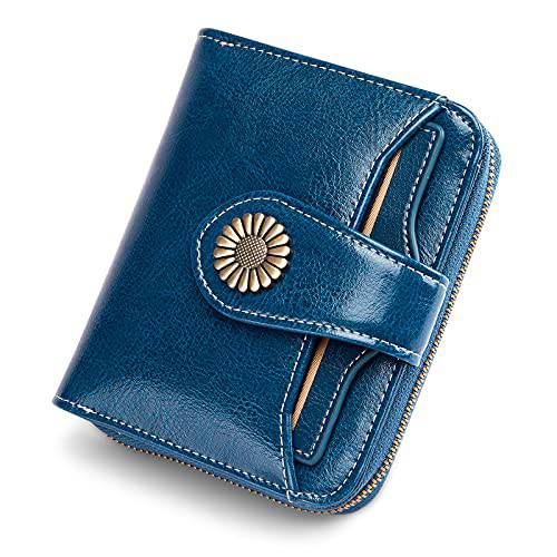 INSIFEEL 스몰 지갑 여성용 가죽 바이폴드 컴팩트 RFID 차단 여성용 지갑 (블루)