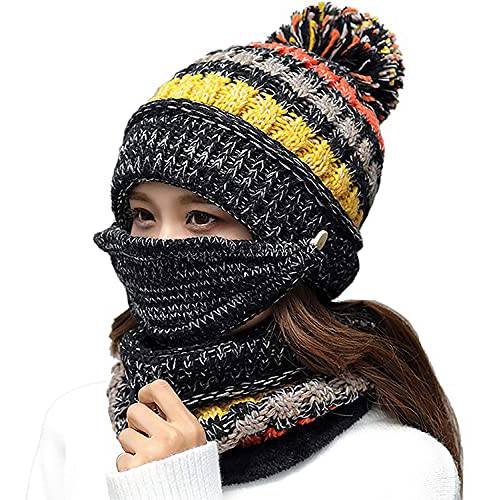 여성 겨울 모자 스카프 마스크 3 in 1 양털 안감있는 니트 따뜻한 비니 모자 스카프 세트 Pompom