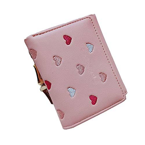Wolyepor 여성 Heart 자수 카툰 숏 프린트 지갑 Multi-Card Tri-fold 지갑 (핑크)