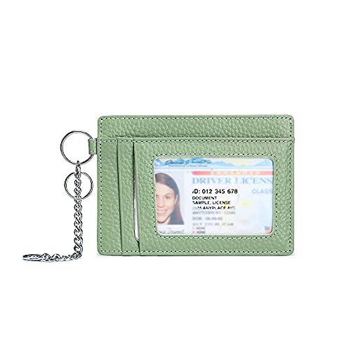 가죽 슬림 지갑 미니멀리스트 RFID 신용 카드 홀더 여성용 남성용 스몰 전면 포켓 지갑 키체인,키링,열쇠고리 (잔디 그린)