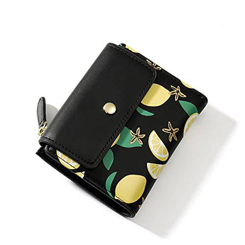 스몰 지갑 지퍼 바이폴드 귀여운 레몬 프린트 카드 홀더 오거나이저,수납함,정리함 동전 지갑 여성용 (블랙)