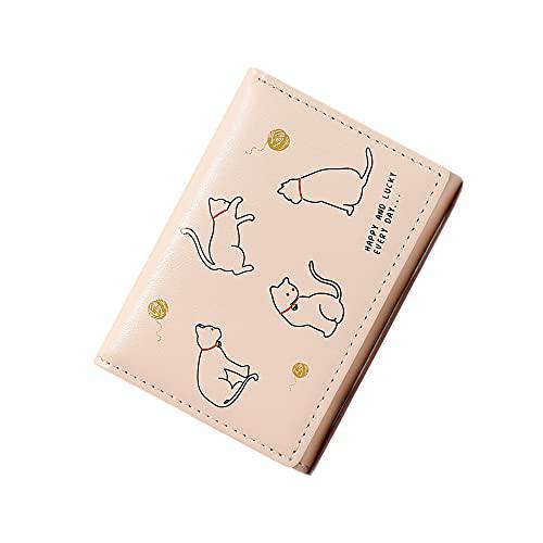 Wolyepor 귀여운 카툰 고양이 프린트 지갑 숏 Tri-fold 지갑 Multi-Card 지갑 여성용 and Girl(Pink)