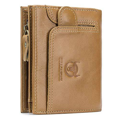 가죽 지갑 남성용, RFID 차단 바이폴드 멀티 신용 카드 대용량 여행용 지갑 안전한 지퍼 Men’s 지갑 (브라운)