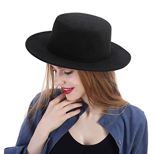 YEAJOIN 패션 클래식 블랙 페도라 플랫 모자,  넓은챙 재즈 모자 Church 더비 캡  남녀공용