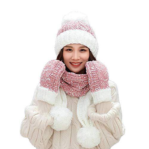 SINLOOG 비니 모자 스카프 and 장갑 세트, 여성 겨울 따뜻한 니트 모자 두꺼운 해골 캡 3 in 1  추운날씨