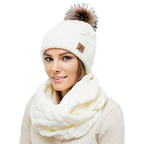 겨울 니트 폼 비니 모자 스카프 세트 여성 귀여운 소프트 따뜻한 Infinity 스카프…