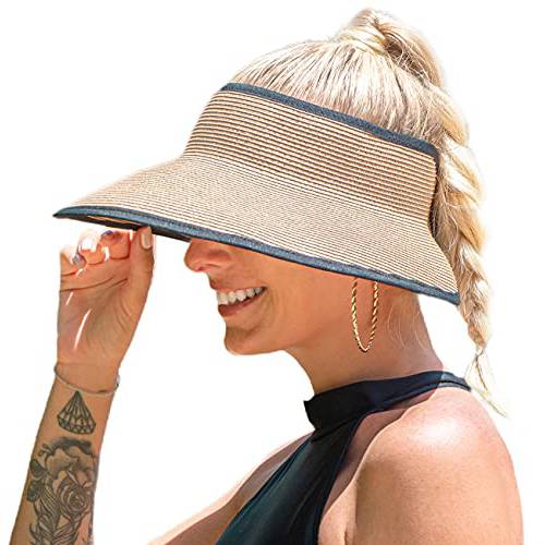 Joywant UPF50+  넓은챙 썬바이저 모자 여성용, 빨대 비치 썬 모자 썬바이저, 햇빛가리개 Roll-up 폴더블 포니테일 UV Protection-Amia