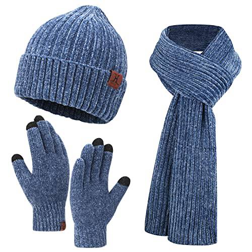 여성 겨울 니트 따뜻한 모자 비니+ 롱 스카프+ 터치 스크린 장갑 세트 해골 캡 넥 스카프 여성용 남성용