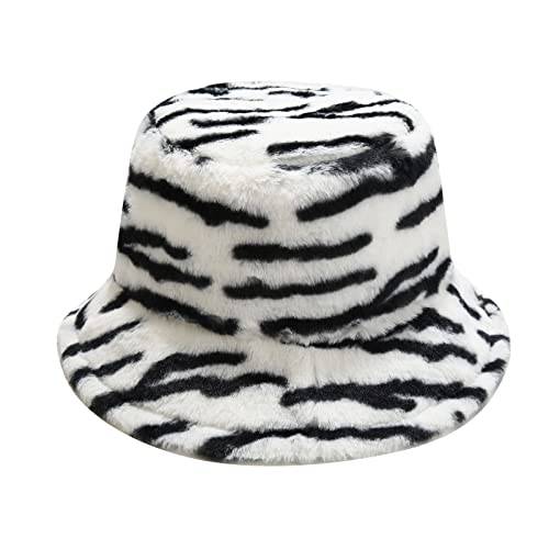 Joylife 줄무늬 프린트 겨울 버킷 모자 트렌디 퍼 어부 캡 포장가능 따뜻한 모자 여성용, 남성용