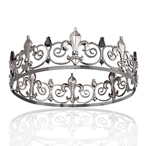 YOVECATHOU 로얄 풀 킹 왕관 메탈 Crowns And Tiaras 코스프레 Homecoming Prom 파티 데코,장식 웨딩 생일 선물 남성용 (블랙)