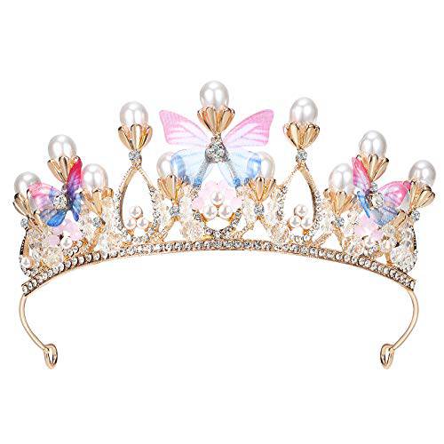 Lurrose 프린세스 왕관 웨딩 Headpieces 펄 버터플라이 프린세스 Tiara 헤드밴드 걸스 왕관 큐빅 웨딩 신부 Prom 생일 Crowns 걸스