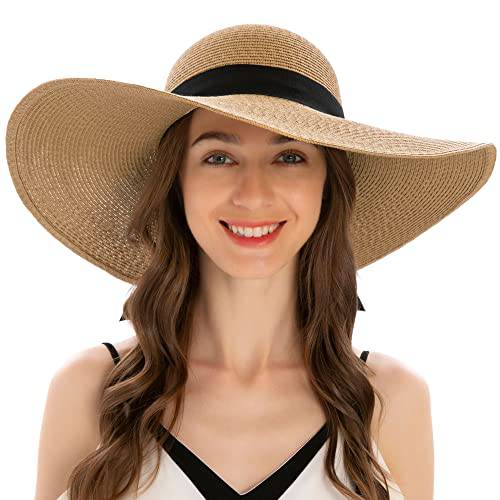 Verabella 썬 모자 여성용 UV 프로텍트 넓은챙 UPF 50 폴더블 플로피 빨대 비치 모자 스트랩