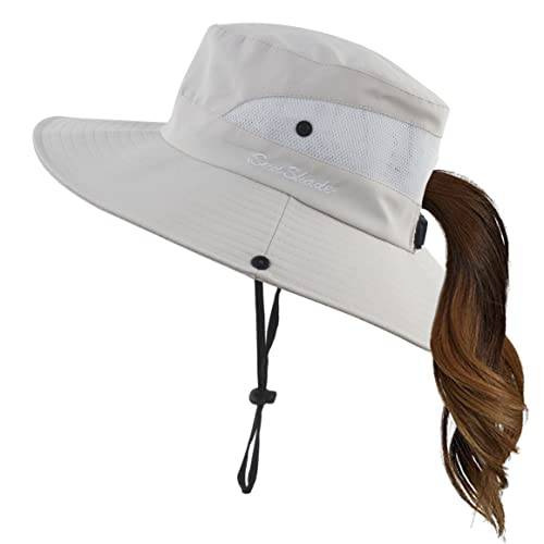 Mukeyo 여성 섬머 썬 모자 넓은챙 아웃도어 UV 프로텍트 모자 폴더블 포니테일 버킷 캡 비치 낚시 등산