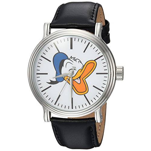디즈니 Men’s Donald Duck Analog-Quartz 워치 Leather-Synthetic 스트랩, 블랙, 22 (모델: WDS000338)