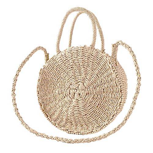 Obosoyo 짚 크로스 바디 가방 여성 위브 숄더 가방 라운드 여름 해변 바다 토트 핸드백