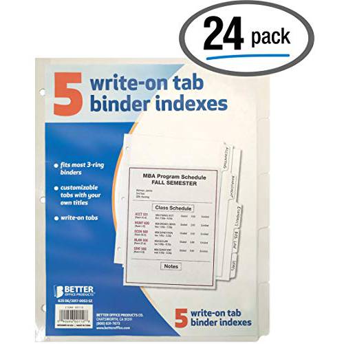 5 탭 Write On 용지,종이 인덱스 디바이더, 박스 of 24 세트, 레터 사이즈, 디바이더 3 링 바인더, by Better Office Products