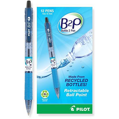 PILOT B2P - Bottle to Pen, 재활용 병으로 만든 리필가능&개폐식 볼펜,  파인포인트팁  가는 심 가는 촉, Black Ink, 12-Pack (32600) Dozen Box