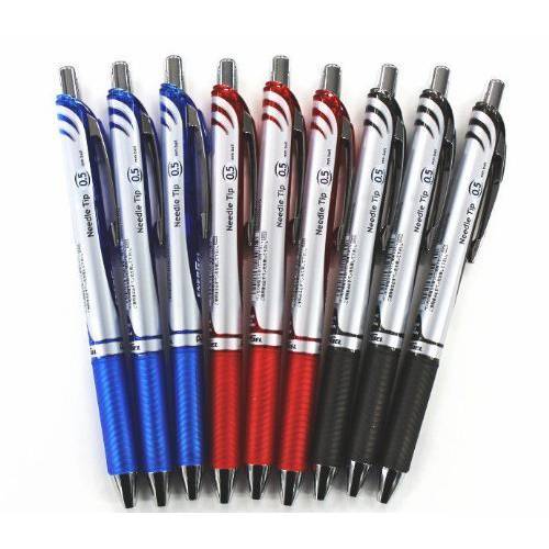 Pentel EnerGel 디럭스 RTX 개폐식 리퀴드 젤 펜, 0.5mm,  잔주름, 바늘 팁, Black.blue.red Ink-each 3 펜/ total 9 펜 스페셜 밸류 세트