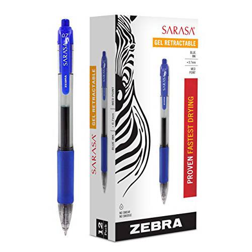 Zebra Pen 46820 Zebra 사라사 개폐식 젤 잉크 펜, 미디엄 포인트 0.7mm, 블루, 고속 드라이 잉크, 12-Count