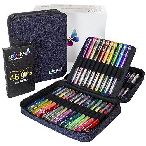 ColorIt 48색 글리터  빤짝이 젤펜 잉크펜 for 성인 컬러링 북 - 새로운 글리터 빤짝이 컬러 메탈릭 네온, 젤펜 잉크펜 케이스,  48색의 어울리는 리필용 잉크 , 총 96개의 글리터 빤짝이 팩