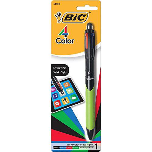 BIC 4-Color 그립 볼펜 스타일러스, 미디엄 포인트 (1.0mm), 다양한 잉크, 1-Count