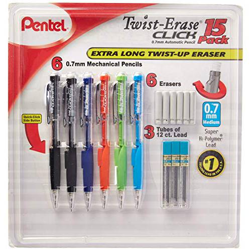 Pentel Twist-Erase 클릭 샤프, 샤프 펜슬 세트 - 6 샤프, 샤프 펜슬S, 6 엑스트라 지우개, 3 Tubes of 심 리필용