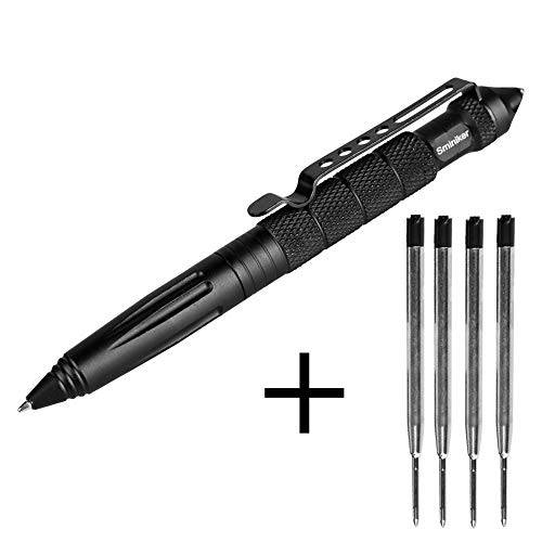 SMINIKER Professional 수비수 전술 펜, 수비/방어 텍티컬펜, 6개 리필용 잉크 포함, 항공기 알루미늄, 자기 방어 펜, 유리 깸, 필기 다기능 생존 도구 (Black)