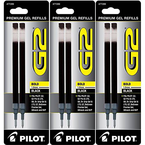 PILOT G2 젤 잉크 리필, 2-Pack for Rolling 볼펜, 볼드 진한심, Black 잉크, Pack of 3 = 6개의 리필용
