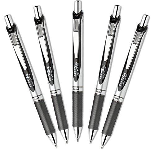 Pentel EnerGel Deluxe RTX 개폐식 펜, 0.7mm  얇은 가는 금속 팁 리퀴드 액체 젤펜 잉크펜, 블랙 잉크, 1 Set, 세트 당 5개의 펜