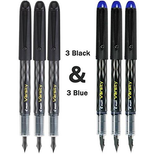 PILOT Varsity 사용후버릴수있는 만년필 6팩 콤보, 3 Black Pens and 3 Blue Pens
