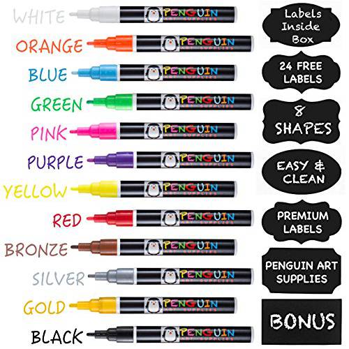 전문가느낌,프로페셔널 아티스트 퀄리티 파인,가는 촉 초크,분필 마커 - Set of 12 컬러 리퀴드 액체 Pens,펜 Dry Erase + 보너스 24개 칠판 스티커