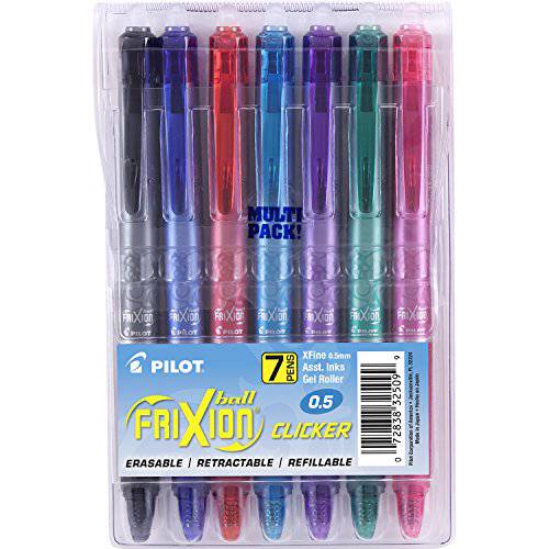 PILOT FriXion 클릭형 지워지는볼펜, 리필가능 & 개폐식 젤 잉크 Pens 펜, 엑스트라 파인포인트팁 가는 심 가는 촉, 다양한 컬러 잉크, 7-Pack 파우치 (32509)