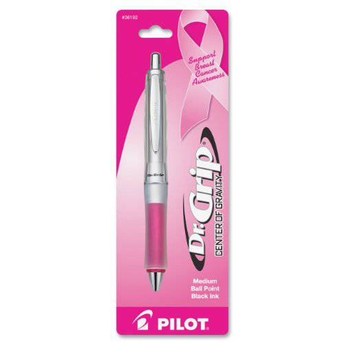 PILOT Dr. Grip Center Gravity - 유방 암 인식 캠페인 리필가능&개폐식 볼펜, 미디엄,중간심 ,Pink 배럴, Black 잉크, 싱글 펜 (36192), Pink Grip 핑크색 손잡이
