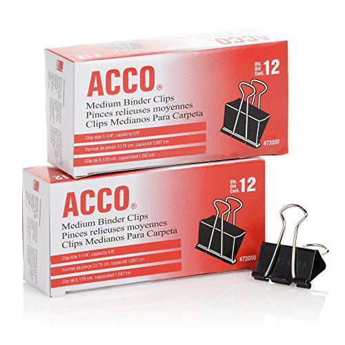 ACCO 바인더 클립,핀 미디엄,중간사이즈 ,Black, 박스마다 12개 , 2 Boxes (72062)