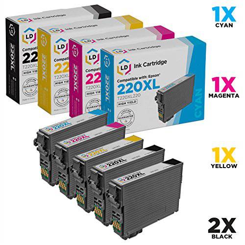 LD PRODUCTS  재충전,재생산 잉크카트리지, 프린트잉크 교체용 Epson 220XL용  고수율, 고성능, 높은 출력량 (2 Black, 1 Cyan, 1 Magenta, 1 Yellow, 5-Pack)