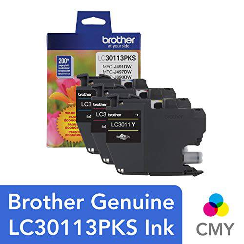 Brother 정품 LC30113PKS 3-Pack 표준 출력 수율 컬러 잉크 카트리지, 200 페이지까지 출력/ 카트리지 포함 Cyan, Magenta and Yellow, LC3011