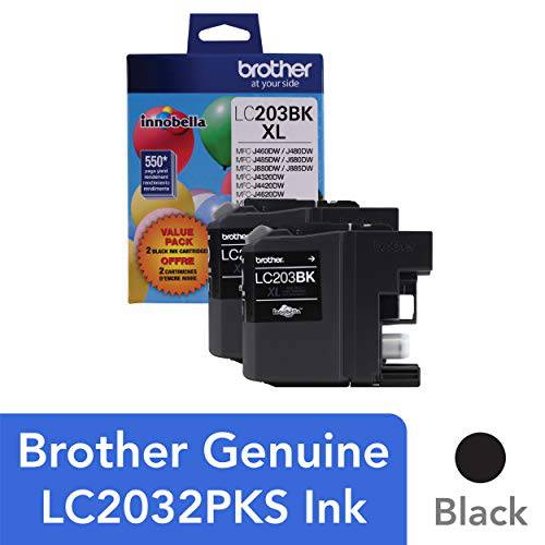 Brother 정품 고수율 고성능 높은 출력량 검정색 잉크 카트리지, LC2032PKS, 교체용 블랙 잉크 2 팩,  2 Cartridges of Black Ink 포함, 550 페이지까지 출력가능, 카트리지, LC203