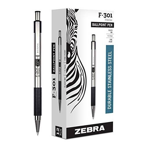 Zebra F-301 볼펜 스테인레스 스틸 개폐식 펜 파인포인트팁, 가는 심, 가는 촉 ,0.7mm, Black Ink, 12-Count (포장은다를수있습니다)