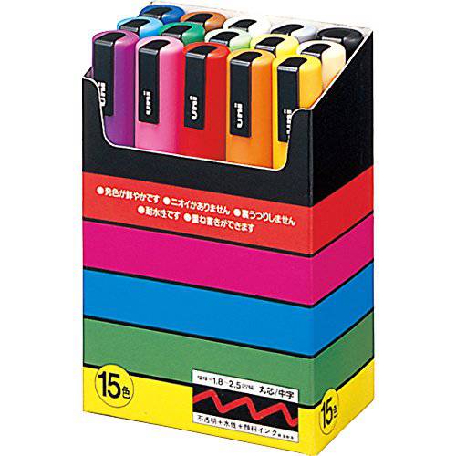 유니 포스카 그림,드로잉,색칠 마커펜, 싸인펜 - 미디엄 포인트 - Set 15 PC-5M15C Assorted