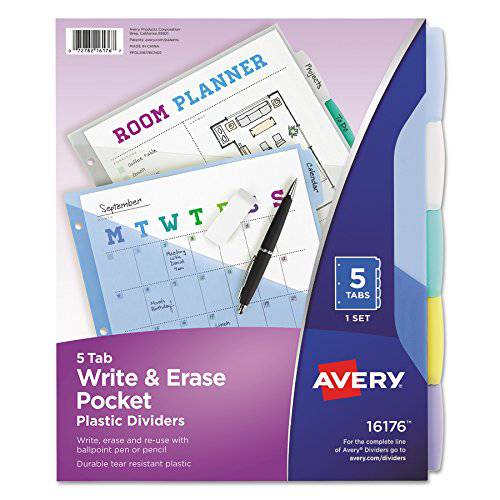 Avery 16176 Write& Erase 큰 탭 플라스틱 디바이더 w/ 사선 포켓, 5-Tab, 레터