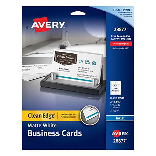 Avery Two-Side 인쇄가능 클린 엣지 명함 잉크젯 프린터, 화이트, 매트, 팩 of 120 (28877)