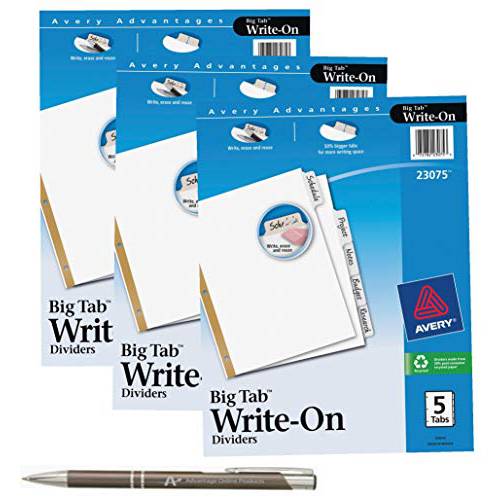 Avery 큰 탭 Write& Erase 디바이더, 화이트 탭 보너스 커스텀 펜, 23075 (3 팩 of 5 탭)