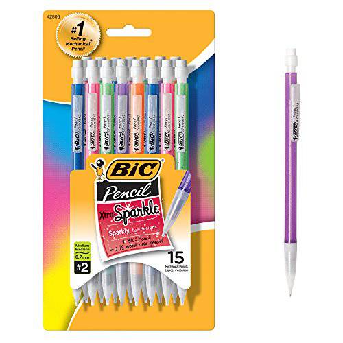 BIC Xtra Sparkle 샤프, 샤프 펜슬, Colorful 배럴, 미디엄 포인트 (0.7mm), 15-Count