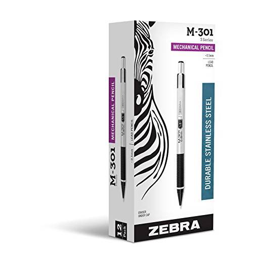 Zebra M-301 스테인레스 스틸 샤프, 0.5mm심 사이즈, 표준 HB심, 검정 그립, 12-Count