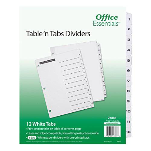 Office Essentials  테이블 ’N 탭 디바이더, 8-1/ 2 x 11, 1-12 탭, 블랙/ 화이트 탭, 레이저/ 잉크젯, 팩 of 6 (24883)