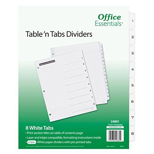 Office Essentials  테이블 ’N 탭 디바이더, 1-8 탭, 블랙/ 화이트 탭, 레이저/ 잉크젯, 6 팩 (24881)
